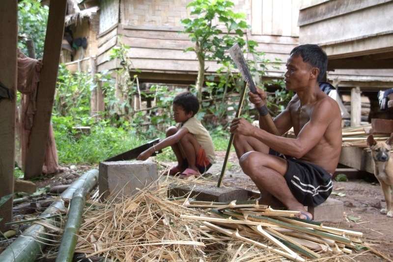 	Laos: Laote bereitet Sägespäne zum Kochen vor	